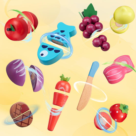 45 Pcs Wooden Pretend Play Food Set for Kids Kitchen - Realistic Cutting Fruits & Veggies with Easy-Cleanup Storage Bucket, Montessori Learning Toy Gift for Toddlers Ages 3-6