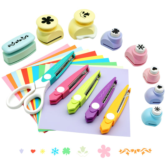 Craft Scissors Decorative Edge Set with Hole Punch Shapes Paper Punches, Crafting, Kids DIY Shape with Star/Butterfly/Heart/Leaf/Flower Cutters, Ideal for Journaling Handmade Art - Purple Carry Case
