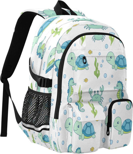 Bolaz Backpack 14 Inch Turtle Seahorse Crab Travel Laptop Computer Bag Sturdy School Bag College Bookbag