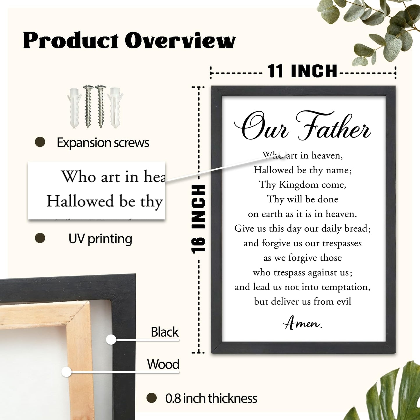 FZMHASLWW Our Father Prayer Wall Decor 16" x 11" Bible Verse Scripture Inspirational Quotes Sign Christian Wood Framed Wall Hanging Art (Black