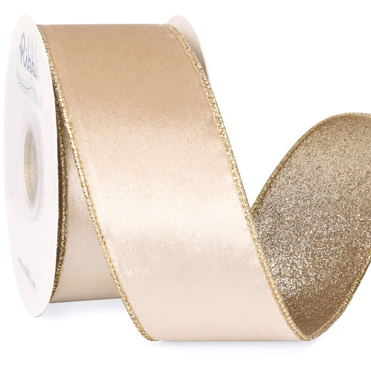 Ribbli Light Champagne Velvet Ribbon Wired 2.5 Inch Glossy Velvet with Champagne Glitter Christmas Ribbon for Tree Decoration Big Bow Gift Wrapping Crafts Wreaths Supplies - Continuous 10 Yards