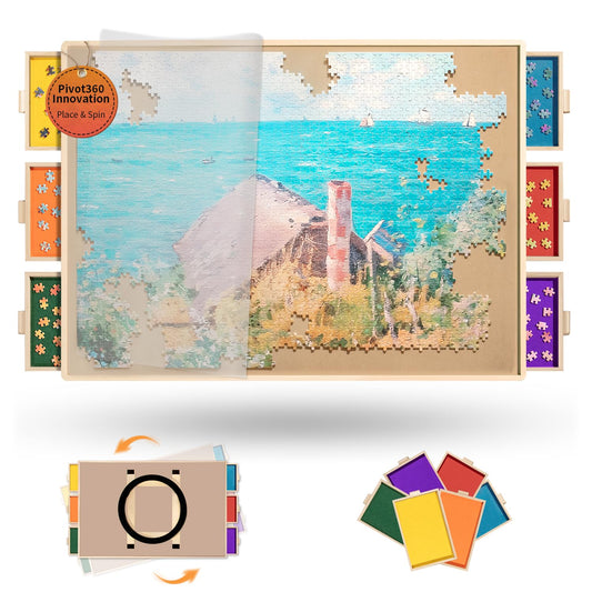 1500 Pieces Puzzle Board Pro 34" x 25", with 6 Drawers & Cover, Sort-Wise Colorful Felt Drawers, Wooden Jigsaw Puzzle Board, Birthday Gifts for Mom