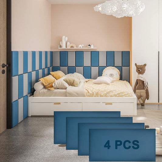 YLL YLL 4PCS Anti-Collision Wall Padding 3D Peel and Stick Headboard Upholstered Wall Panels Blue Wall Mounted Headboard Soundproof Wall Panels