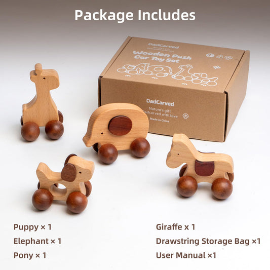 DadCarved Baby Push Car Montessori Toys, 4PCS Wooden Animal Toy Vehicles for Toddlers, Natural Wood Infant Car Toys (Puppy, Elephant, Pony, Giraffe) for Gift and Decor