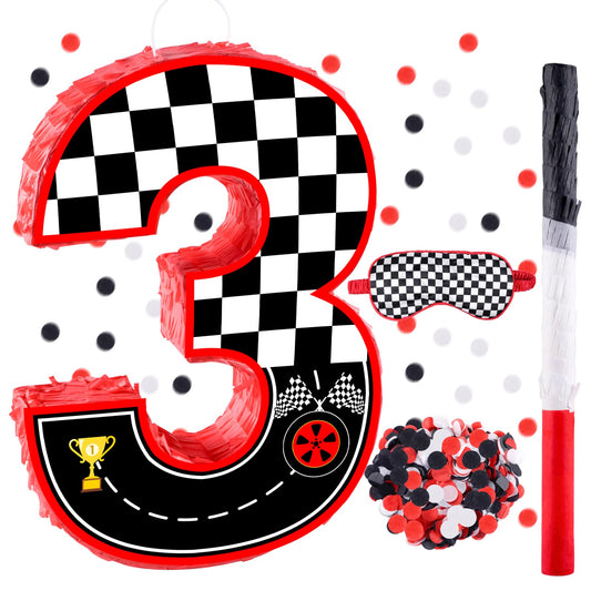 16 Inch Number 3 Race Car Pinata with 16 Inch Piñata Stick Blindfold Confetti for Boy Girl Kids 3rd Birthday Party Decorations(3rd)