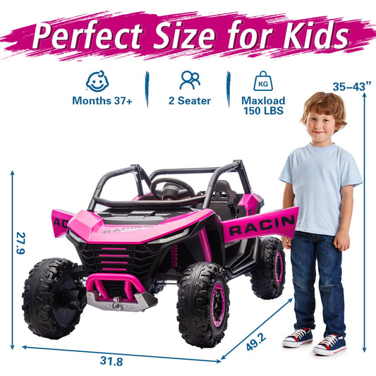 POSTACK 2 Seater Ride on Car with Remote Control, XXL 24V 7Ah 4WD Battery Powered Vehicles for Kids to Drive, Outdoor Riding Toys for Toddlers Boys Girls w/Bluetooth, LED Lights, Pink