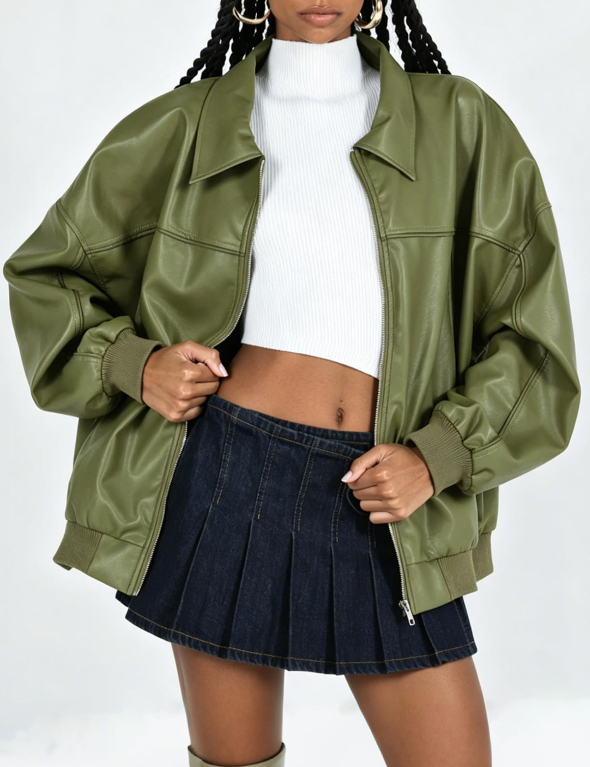 EsheSy Women's Oversized Leather Jacket Faux Suede Boyfriend Motorcycle Full Zip Bomber Jacket(Green-S)