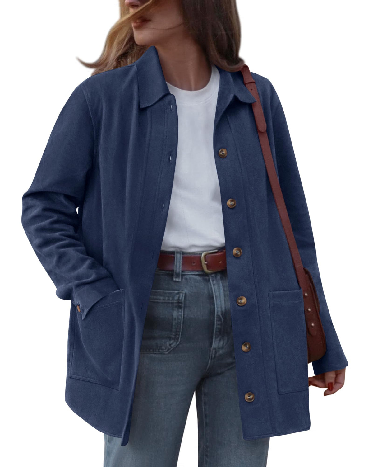 BTFBM Faux Suede Jacket Women Fall Fashion 2026 Leather Jackets Long Sleeve Button Down Winter Coats Shackets Outerwear(Navy Blue, Large)
