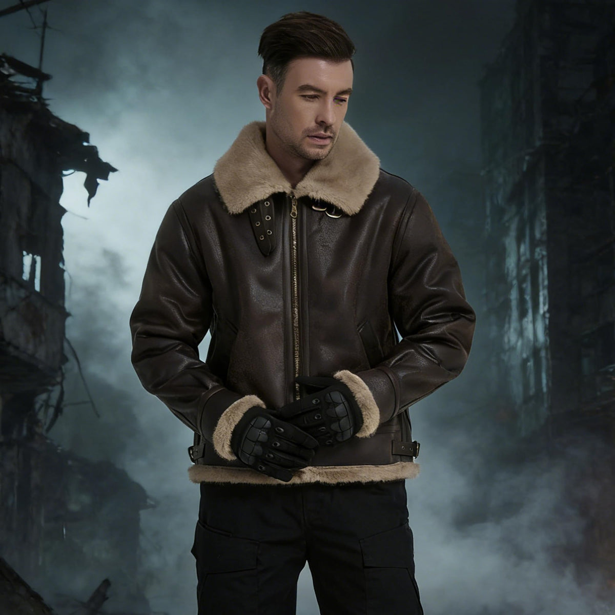 Mifidy Mens Leather Jacket, Brown Motorcycle Bomber Jacket Leon Comfort Fur Shearling Flight Breathable Durable Comic Con Cosplay Coat Birthday Gift Small