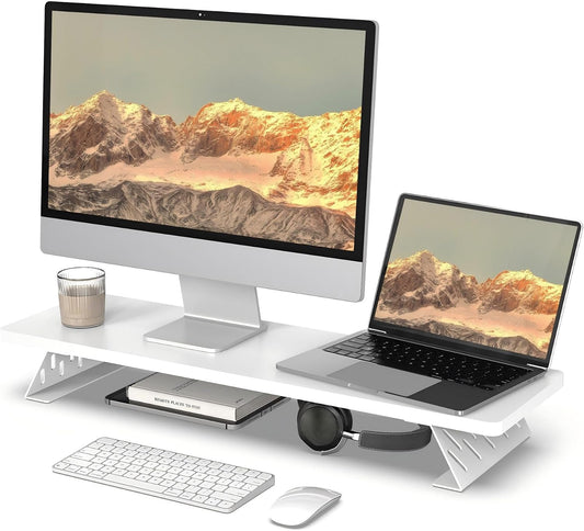 2 Fenge Monitor Stand Riser, Desk Top Shelf for Monitors, Computer Stands for Desk, Wood & Steel Desktop Riser