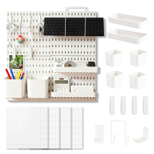 Pegboard Wall Mounted Organizer Storage Set, Includes 4 White Pegboards and 20 Hanging Accessories, 23" x 23" Plastic PegBoard Panels Combination Kit for Home, Office, Garage Tool Storage & Craft Room