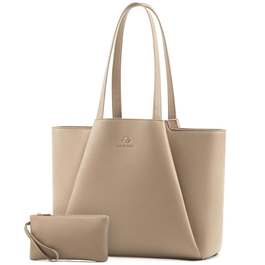 LOVEVOOK Laptop Tote for Women - 15.6 Inch Faux Leather Laptop Bag with Clutch, Large Capacity Office Purse Computer Briefcase for Casual Business Travel,Sandy