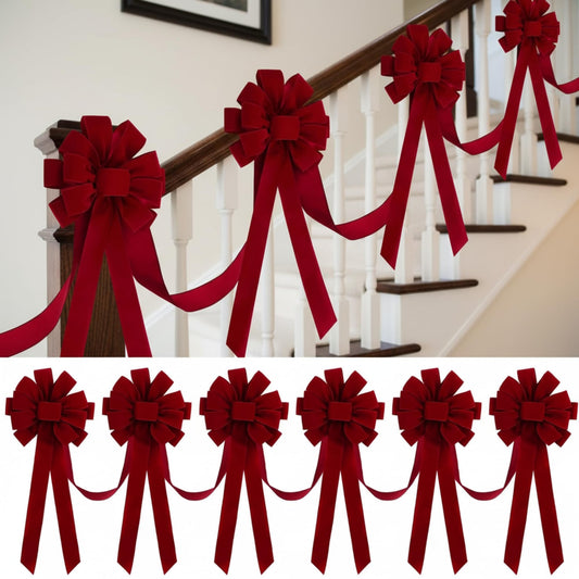 Suncalla 14 ft Christmas Bows Garland for Stairs Decoration Xmas Fence Outdoor Decor 6 Pcs 24 x 12 Inch Large Christmas Velvet Bows for Xmas Party Indoor Outdoor Fireplace Mantle Supplies(Burgundy)