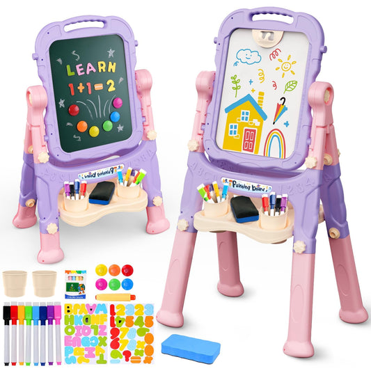 AuntyFey Easel for Kids, Toddler Easel, Double-Sided Chalk Board Kid, White Board, Kid Art Easel, Art Easel Age 4-8, Christmas Gift, Pink&Purple