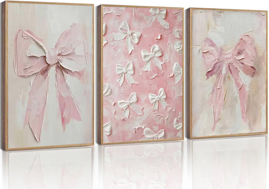 3Pcs Trendy Pink Bow Canvas Wall Art Vintage Cute Preppy Watercolor Bow Painting Pictures Wall Decor Posters Prints Girly Aesthetic for College Apartment Bedroom Decoration Unframed