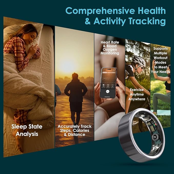Smart Ring Health Monitoring 5ATM Waterproof Fitness Tracker with Glossy Titanium Surface Blood Oxygen/Sleep/Stress Tracking Women?™s Cycle Prediction Sport Ring Compatible with iOS/Android Ink 10