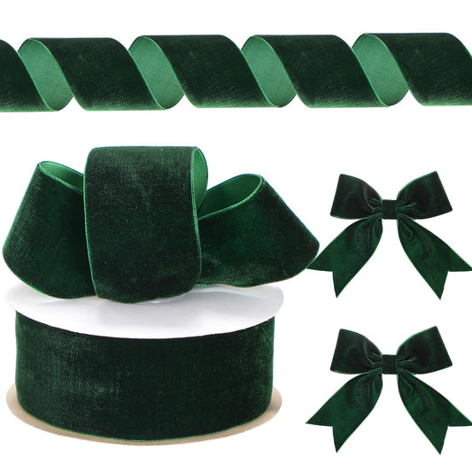 Chuangdi 1 Roll 2 Inch, 10 Yard Christmas Velvet Ribbon Vintage Dark Green Wide Ribbons for Gift Wrapping Christmas Tree Ornaments Xmas Party Decoration Wreath Crafts Bow Making