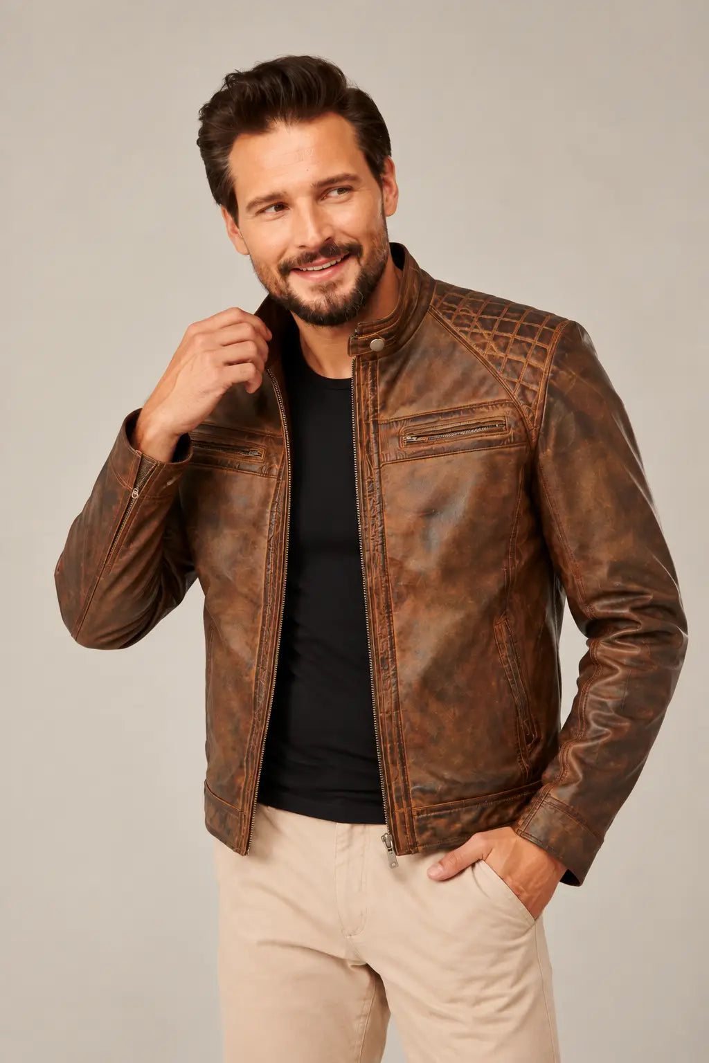 Sowachi Alex - Men Distressed Brown Cafe Racer Leather Jacket