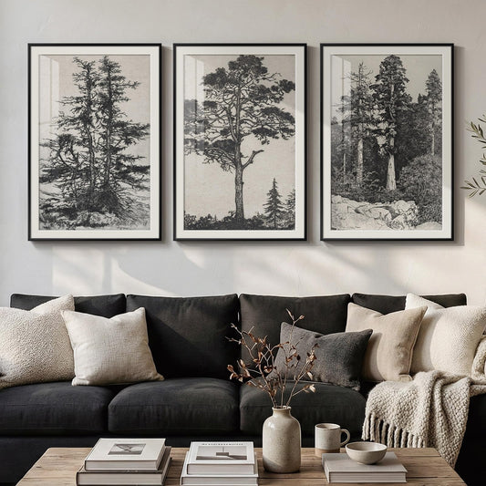 Large Framed Vintage 3 Piece Wall Art for Living Room, Black and White Tree Artwork for Walls, Modern Classic Rustic Sketch Forest Botanical Canvas Painting Prints for Office Wall Decor 24x36 In