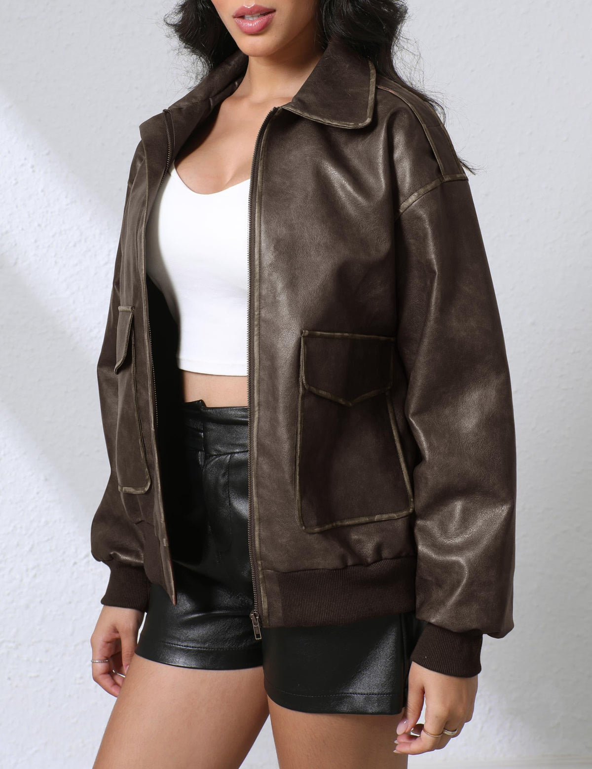 Nitzana Women's Faux Leather Jacket Trendy 2026 Oversized Zip Up Motorcycle Bomber Jacket Coats Fall Winter Outerwear Brown M