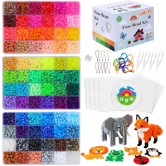 QUEFE Fuse Beads Kit 15000 Pcs 72 Colors 5mm Beads Craft Kit Including Pegboard, Melting Beads, Ironing Paper, Tweezers & Colorful Hooks, Christmas Home School Arts and Crafts Supplies for Girls