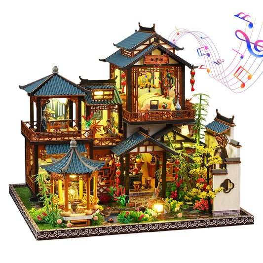 Plustopoy DIY Miniature House Kit: Villa Tiny House Kit with LED Light - DIY Wooden Dollhouse Miniature Kit for Adults Teen, Wooden Crafts Vintage Courtyard Doll House Kit, Great Handmade Crafts Gift