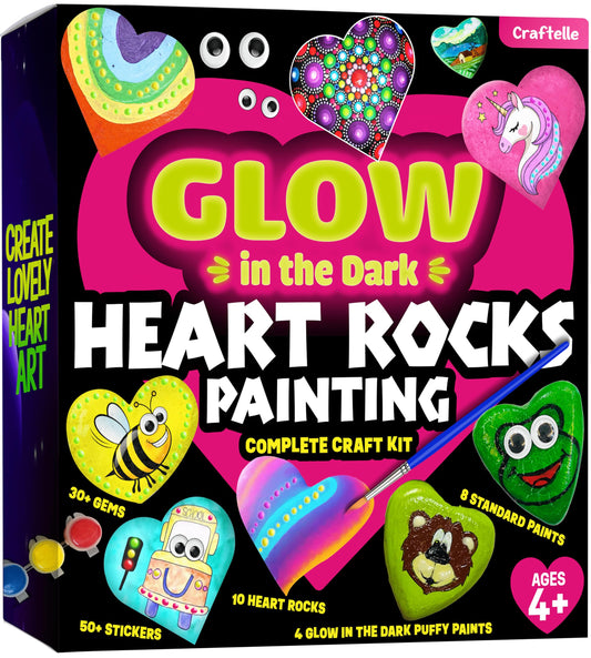 Hearts Rock Painting Kit for Kids Girls - Glow in Dark Art Supplies Ages 4-12 - Complete STEM Craft Set with Puffy Paint Stickers Gems Paints - Educational Birthday Easter Gifts Art Toys for Girl