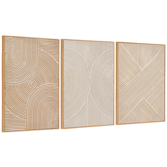 Zessonic Neutral Minimalist Textured 3D Wall Art Abstract Hand-Painted Framed Wall Decor Geometric Artwork Canvas Paintings- Living Room Bedroom Office - Modern Boho Neutral Line 16"x24" 3 piece