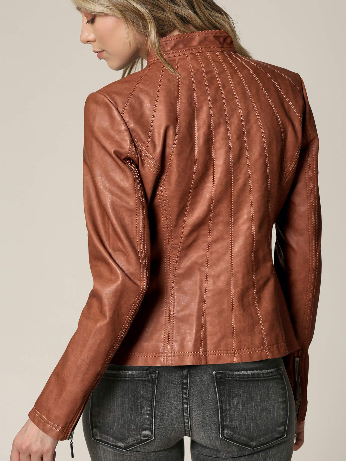 Lock and Love LL WJC877 Womens Panelled Faux Leather Moto Jacket L Camel