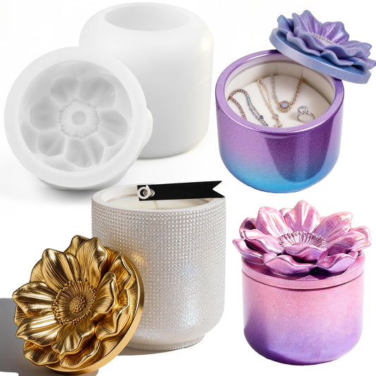 QUDYNZAL 1Pc Jar Epoxy Resin Casting Mold with Poppy Flower Lid Jewelry Storage Box Container Silicone Mold for DIY Plant Flowerpot Vase Candle Holder Concrete Art Craft Home Decor Polymer Clay