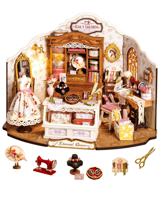 ROBOTIME DIY Miniature House Kit, Elsa’s Tailoring Dollhouse Kit, Mini Wooden Furniture Kit for Adults, Sewing Shop Building Model, Creative Craft Gift for Birthday/Christmas/Hobby Enthusiasts