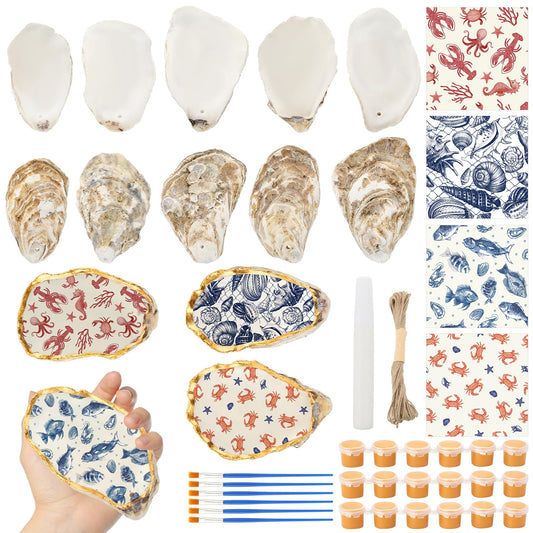 ForraFun 16 Set Beach Oyster Shells for Crafts 4-5 Inch Large Seashells with Holes for Crafting Summer Flat Oyster Shell Kits with Decoupage Napkins Glue Paints Twine Brushs