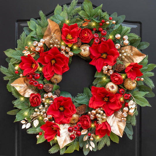 24 Inch Magnolia Christmas Wreath for Front Door, Christmas Wreath with LED Lights, Red Flowers, Red Berries, Pinecones Christmas Decorations，Winter Door Wreath for Wall Window Indoor or Outdoor