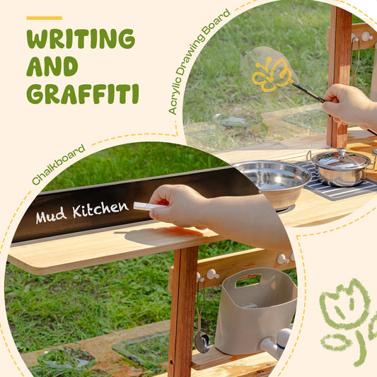 Robud Wooden Mud Kitchen for Kids, Outdoor Pretend Play Kitchen Set with Running Water Sink, Faucet, Planting Pots & Cooking Accessories, Educational Outdoor Toy Gift for Boys & Girls Ages 3+