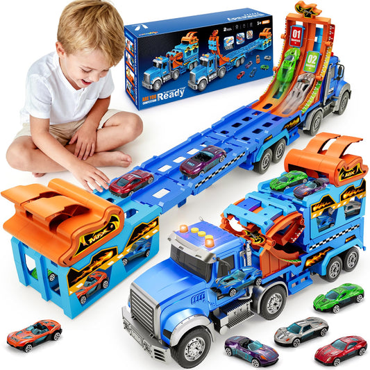 Kids Toys for 3 4 5 6 7 8 Years Old Boys, Carrier Truck Transport Car with Lights Sounds, Christmas Birthday Gift for Toddler, Foldable Layer Car Race Track Playset with Race Track, 6 Metal Toy Cars