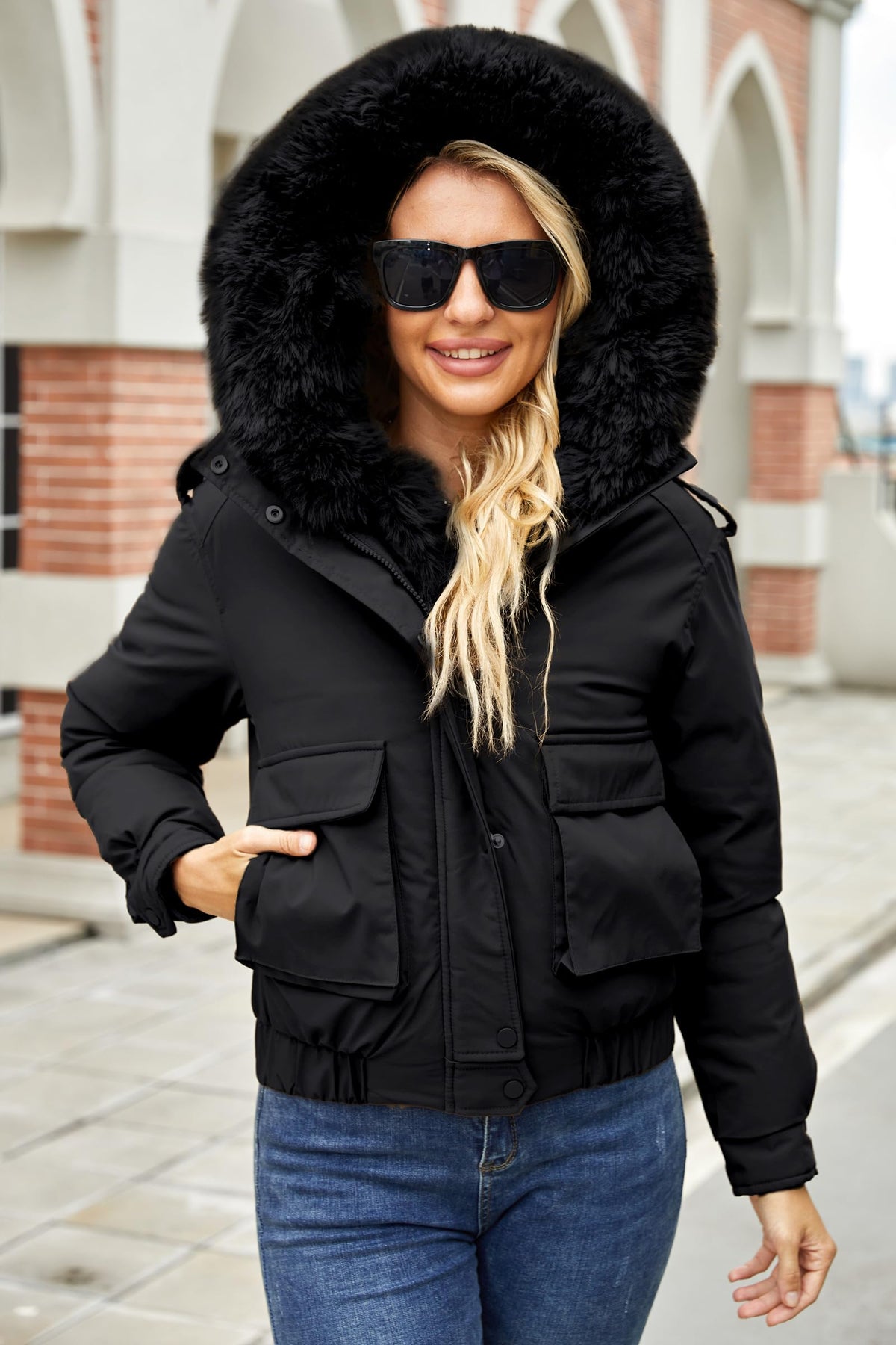 MODERN BUBBLE Women's Thickened Down Jacket with Detachable Fur Hood Winter Warm Parka Puffer Down Coat (US, Alpha, Large, Regular, Regular, Black)