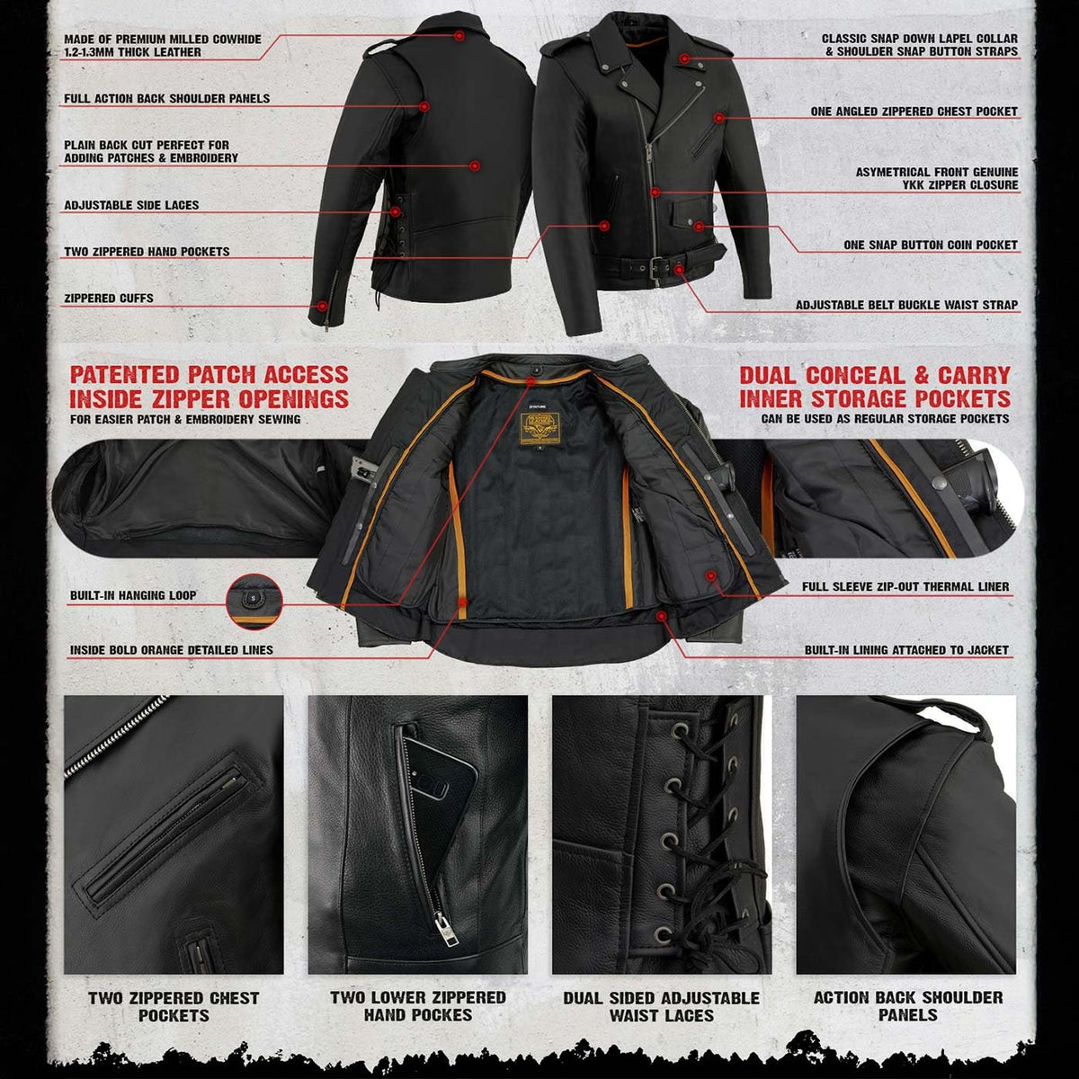 Milwaukee Leather SH1011 Men's Classic Brando Premium Leather Black Motorcycle Riders Leather Jacket w/Side Laces - Medium