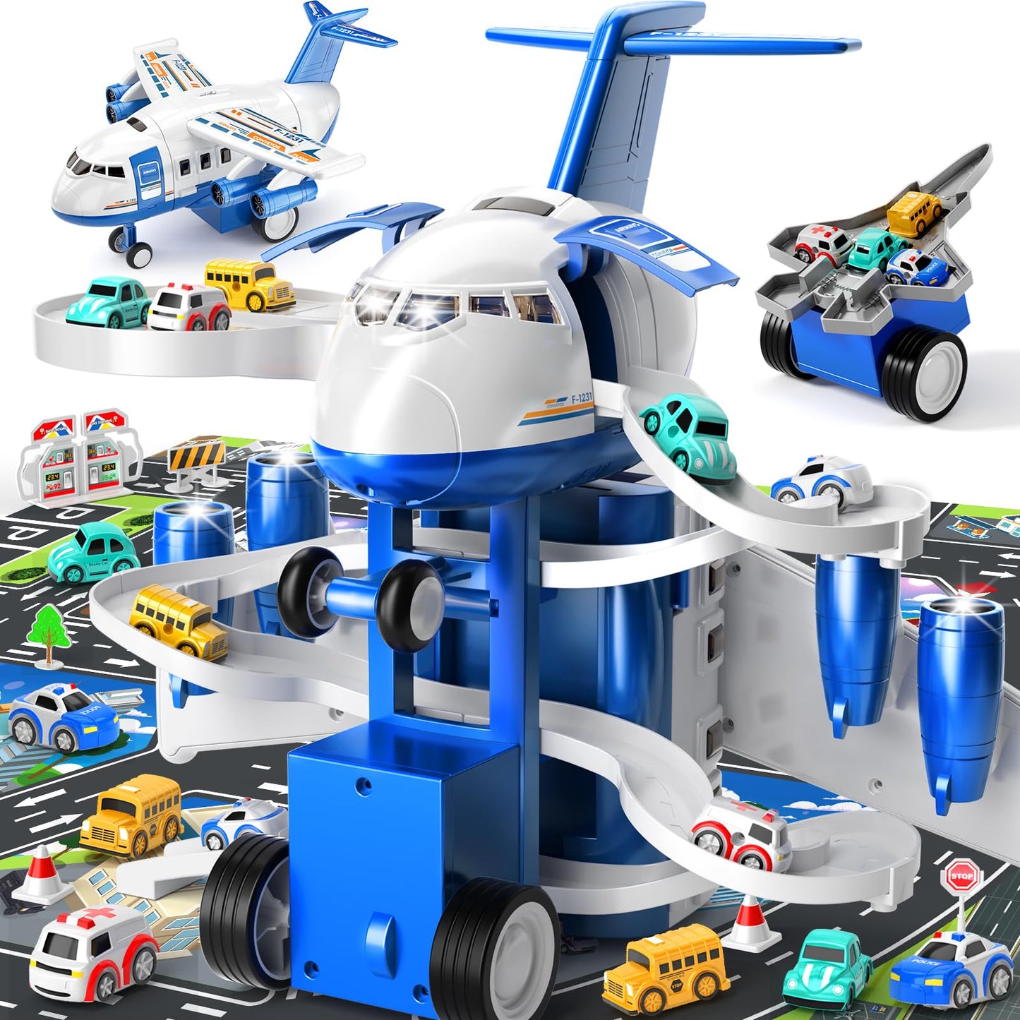 MSKOLER Airplane Toys for Toddlers 2-4 - Boy Toy Car Race Tracks for Kids Ages 3-5 with 8 Small Car Toys, Toddlers Educational Toy, Birthday Gifts for Boys 3-5