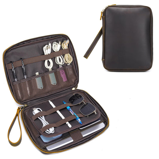 LANNSYNE Full Grain Leather Electronic Organizer Accessory Travel Tech Pouch, Cable Accessories Bag, Storage Carry Case for Charger, Phone, Power Bank, Cables