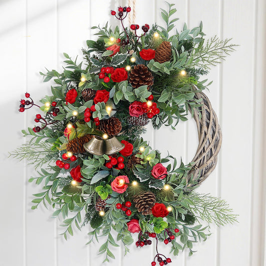 Christmas Wreath for Front Door, Artificial Door Wreaths with LED Lights Bells Berries & Pinecones Christmas Decorations, Xmas Wreaths for Wall Window Fireplace Holiday Home Decor