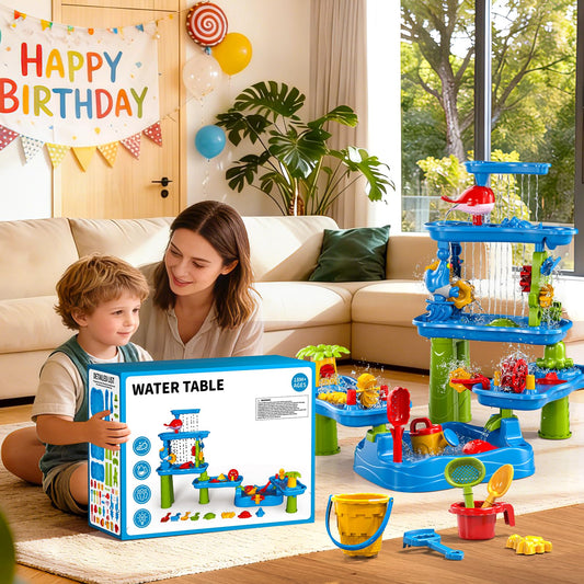 Sand and Water Table for Toddlers 18M+, 5-Tier Outdoor Toys and Play Activity Set for Kids Boys Girls Toddlers Ages 3 4 5 6 7 8 Years, Kids Sand Water Play Table Summer Beach & Pool Toys for Yard
