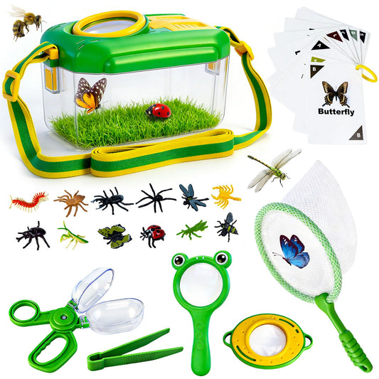 BLOOLILIES Bug Catcher for Kids, 28 PCS Outdoor Explorer Kit with Magnifier Glass Bug Collector Toy Butterfly Net Catcher Tweezers Insect Cognition Cards Outdoor Toys for Kids Ages 4-8 Boys Girls