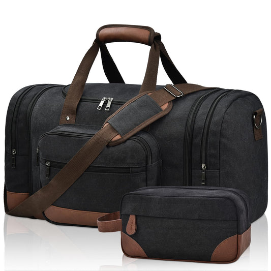 Litvyak Duffle Bag for Travel, 50L Canvas Travel Duffel Bags Overnight Weekend Gym Carry On Luggage Bag for Men & Women(Black+Toiletry Bag)