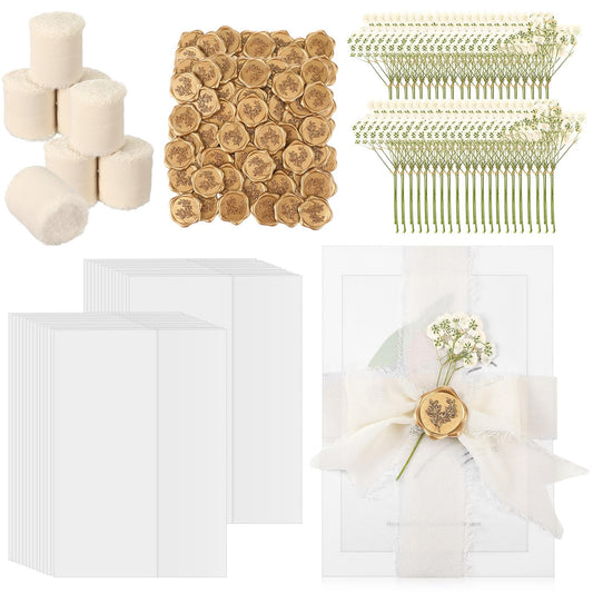 Fuyoooo 30 Set Wedding Invitations Wraps Set Pre Folded Vellum Jackets for 5 x 7 Invitations Self Adhesive Gold Wax Seal Stickers Dried Baby's Breath Flowers Chiffon Silk Ribbon for Craft DIY