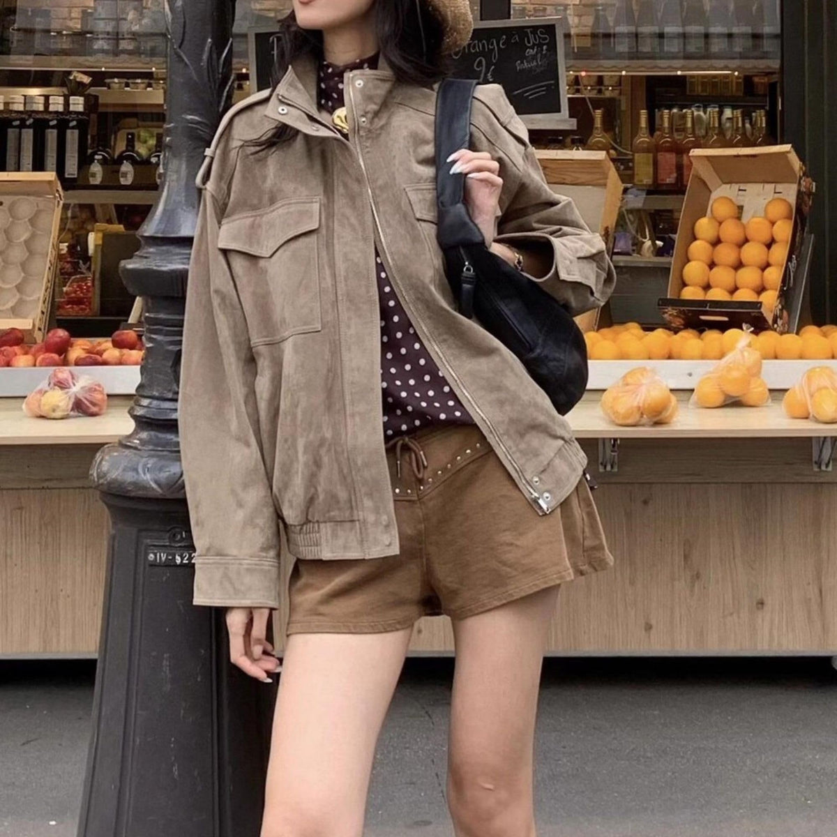 FindThy Women’s Suede Leather Jacket Vintage High Collar Long Sleeve Zip Up Oversized Outerwear Coat with Pockets(4196-Khaki-M-aLB)