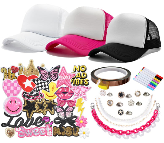 HEYTRCO 46PCS DIY Trucker Hat Kit, 3 Mesh Foam Hats with Iron-On Embroiederd & Sequin Patches, Hat Pins, Hat Chains, 8-Color Markers & Heat-Resistant Tape – Creative Girls Party Craft Set