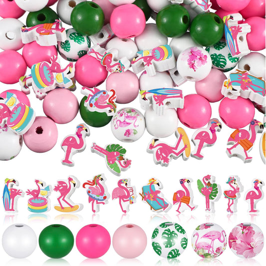Tradder 200 Pcs Flamingo Summer Beads Round Wood Beads with Palm Leaves Polished Hawaii Tropical for Jewelry Making, DIY Crafts, Home Decor, Spring & Summer