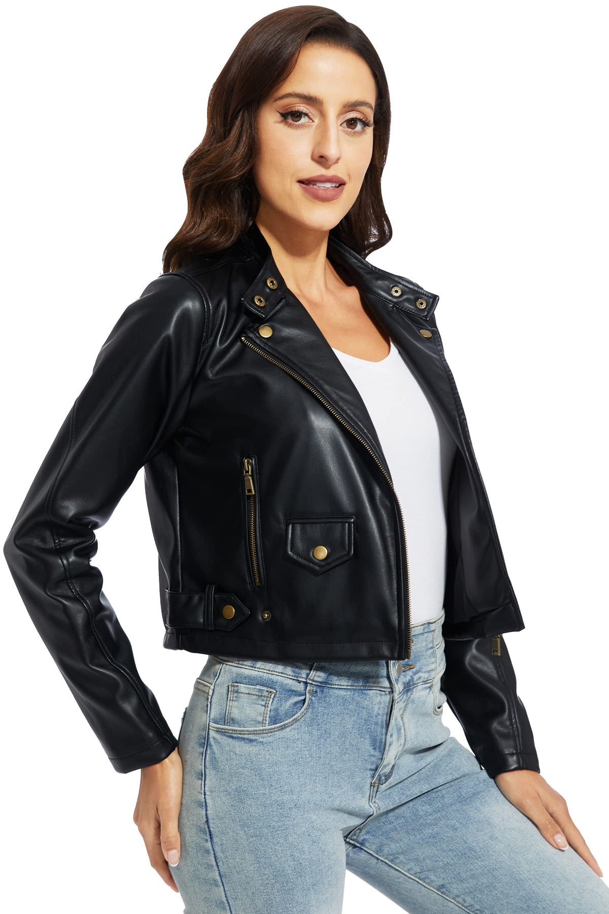 Fahsyee Faux Leather Jacket Women - Black Motorcycle Cropped Short Coat Moto Biker Blazer Slim Size Casual Soft Jackets Fashion M