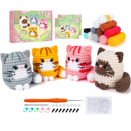 Crochet Kit for Beginners -4 PCS Cat Crochet Kit with Step-by-Step Video Tutorials, Learn to Crochet Kits for Adults, Beginner Crochet Kits for Adults, Animals Cat Crafts Knitting Kit Galentines Gifts