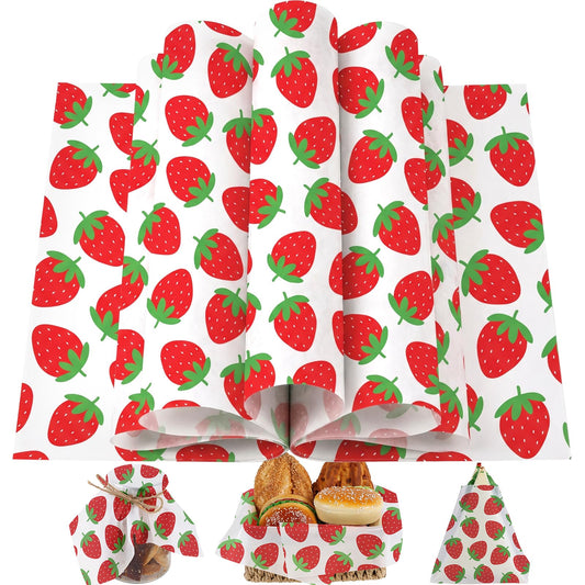 150 Sheets Strawberry Wax Paper for Food Deli, 9.8 x 8.3'' Preppy Strawberry Patterns Greaseproof Sandwich Wrapping Paper for Picnic Basket Liner Summer Birthday Party Supplies